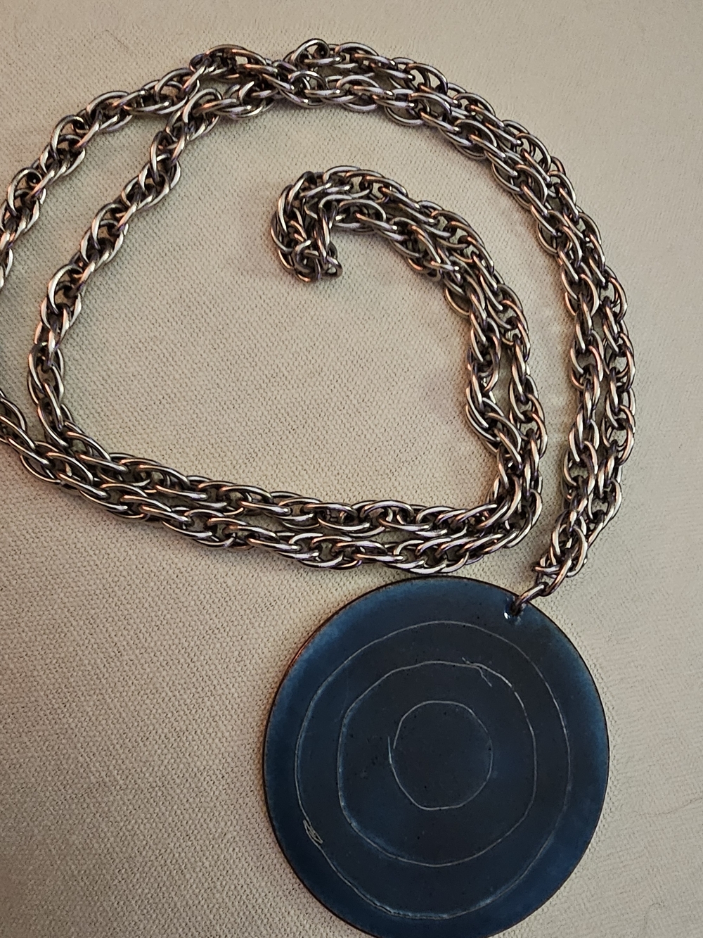 Round Metal Pendant Necklace in Dark Blue and Antique Silver